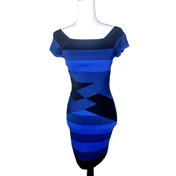 Vintage Y2k Morgan De Toi Blue Black Wrap Dress BodyCon Slimming XXS Size 00 - Picture 1 of 9